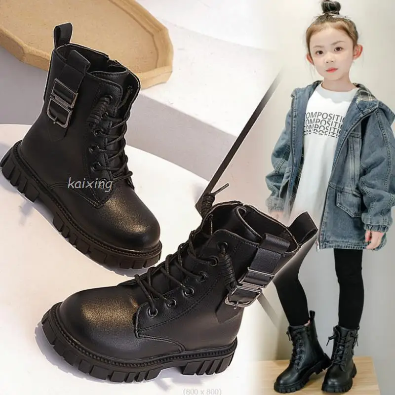 Kids Long Boots Fashion Black Pu Leather Boys Girls Autumn Boot Side Zipper Mid-calf Chic Children\'s Autumn Winter Flat Shoes