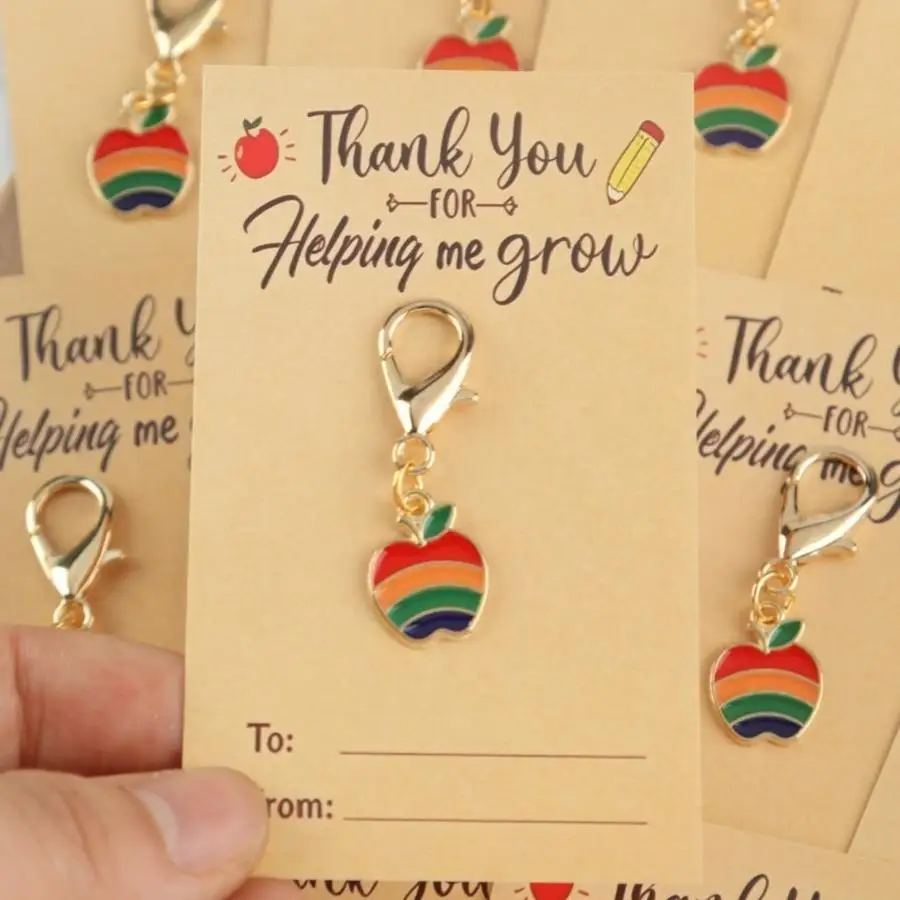 1/5/10/20/50/100pcs 2D Flat, s 2D Back-to-School Series Apple Keychain Set, Comes with a Thank-you Card for Helping Me Grow, Wri