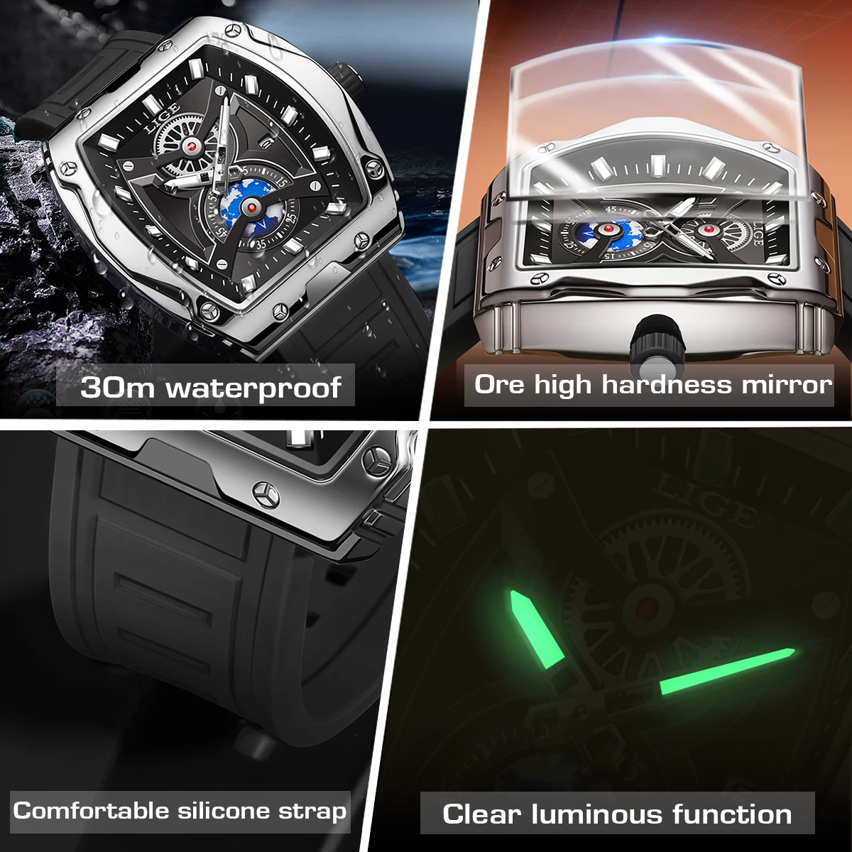 LIGE Square Men\'s Wrist Watches Blue Planet Creative Earth Automatic Mens Quartz Watch Luminous Waterproof Sports Male Clock