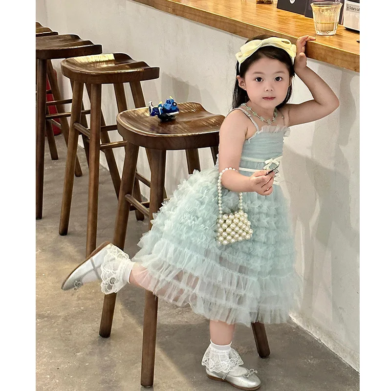 Baby Girl Dress Girls Sea Salt Ballet Bow Pommel Mesh Skirt Children Fashion Comfort Baby Princess Vest Halter Cake Dress