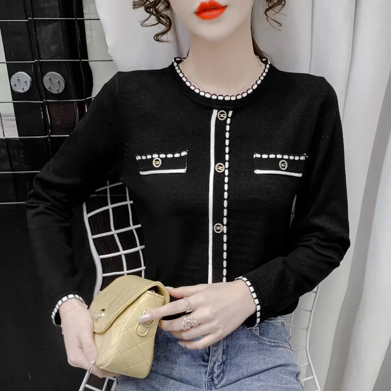 2024 Spring Autumn New Temperament Patchwork Slim Knitting Bottoming Shirt Interior Lapping Ladies Sweater Top Tee Women Clothes