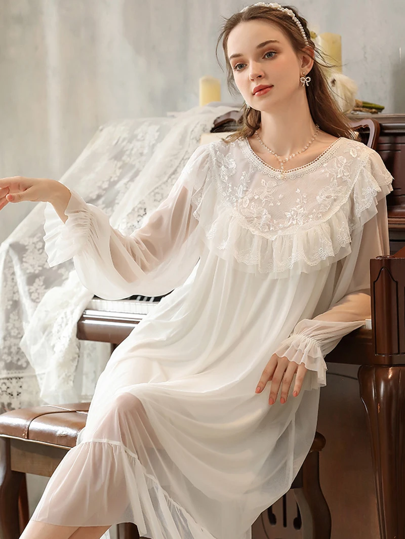 Autumn Spring Women Vintage Princess Fairy Sleepwear Lace Mesh Ruffles Long Sleeve Nightgowns Victorian Homewearjavascript: