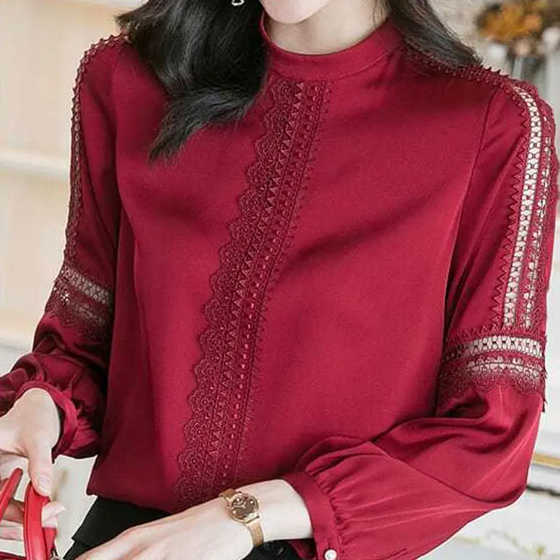 Office Lady Stylish Lace Spliced Hollow Out Shirt Vintage Solid Color 2023 Spring Autumn Long Sleeve Commute Stand Collar Blouse