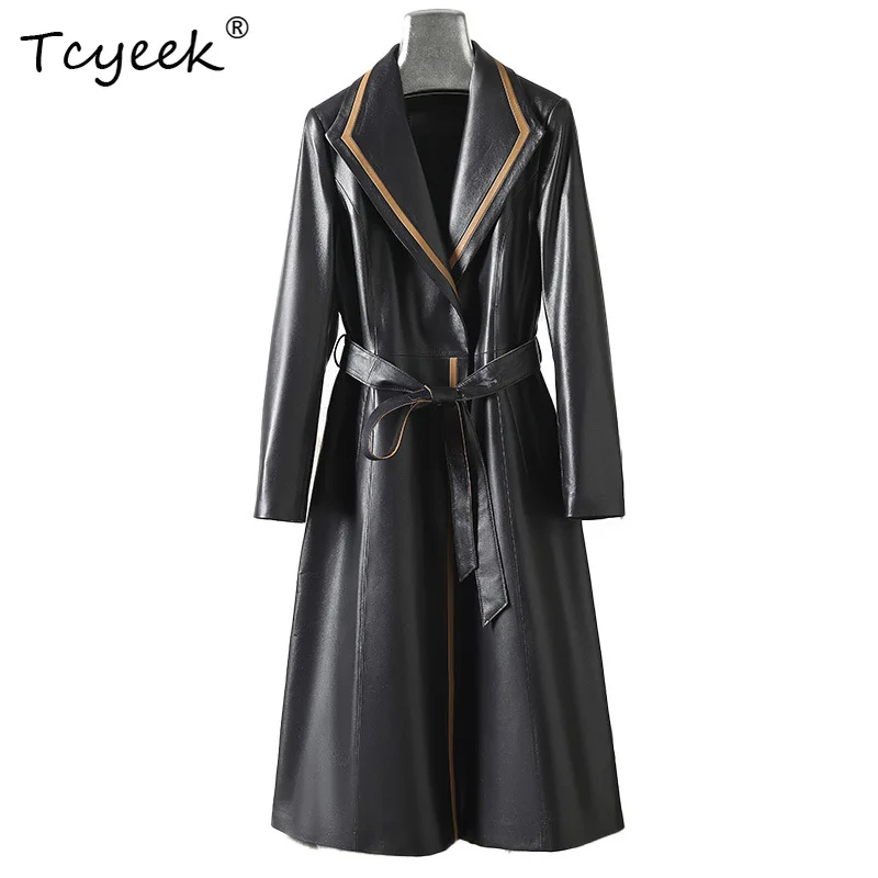 

Tcyeek из овчины, весна-осень, элитный модный костюм, воротник, черный галстук, длинная женская куртка из натуральной кожи Женская Кожаная Куртка