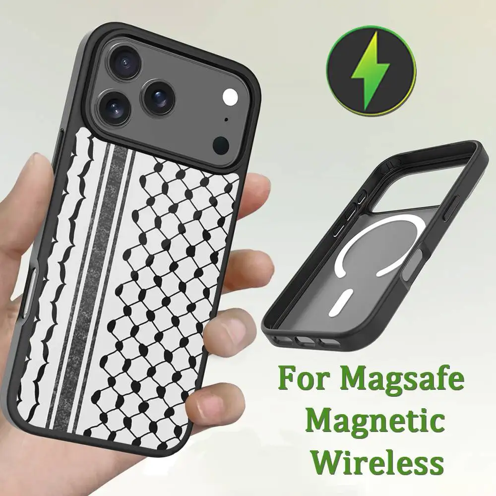 Keffiye P-Palestines Art Capa de telefone para iPhone 13,12,11,16,15,17,14,Pro,Max,Plus,Mini,Magsafe, carregamento magnético sem fio
