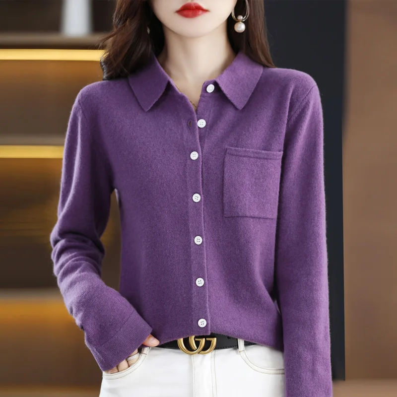 LHZSYY 100% Wool 2022 Spring and Autumn New Polo Neck Wool Knitted Cardigan Top Women\'s Style Loose With Pocket Sweater Coat