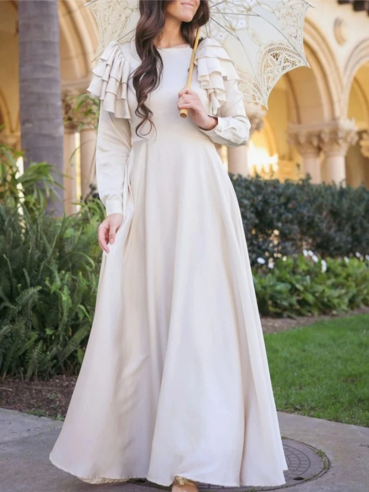 Customized Exquisite White Round‑Neck Long‑Sleeve Multi‑Layer Ruffle‑Shoulder Ankle‑length Dress 2026 New Formal Evening Dresses