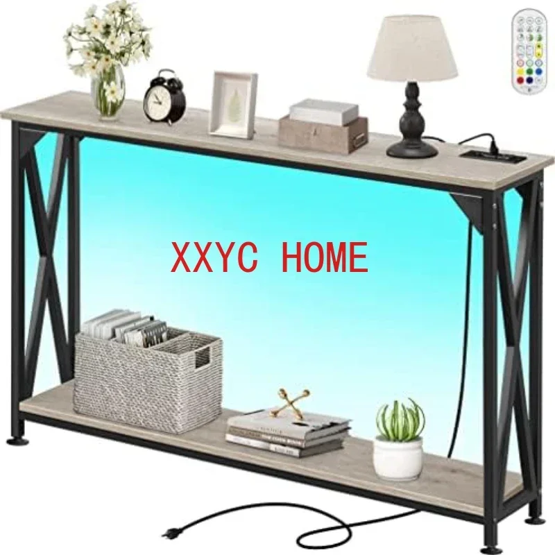 

Tiers Console Sofa Table with Power Outlet, Industrial Entryway Table with Open Storage Shelf, Accent Side Table with LED Strip