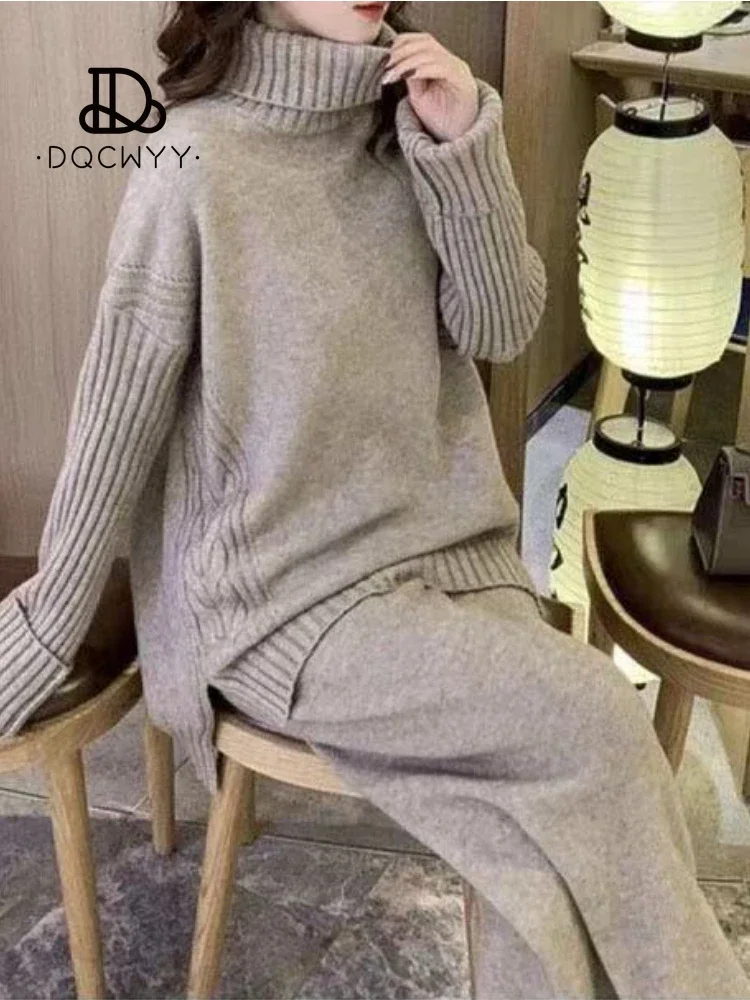 New in Elegant Women\'s Sets Women\'s Knit Wide Leg Pants Suit Sweater Top Pullovers Fall Winter Clothing Sets for Women 2 Pieces