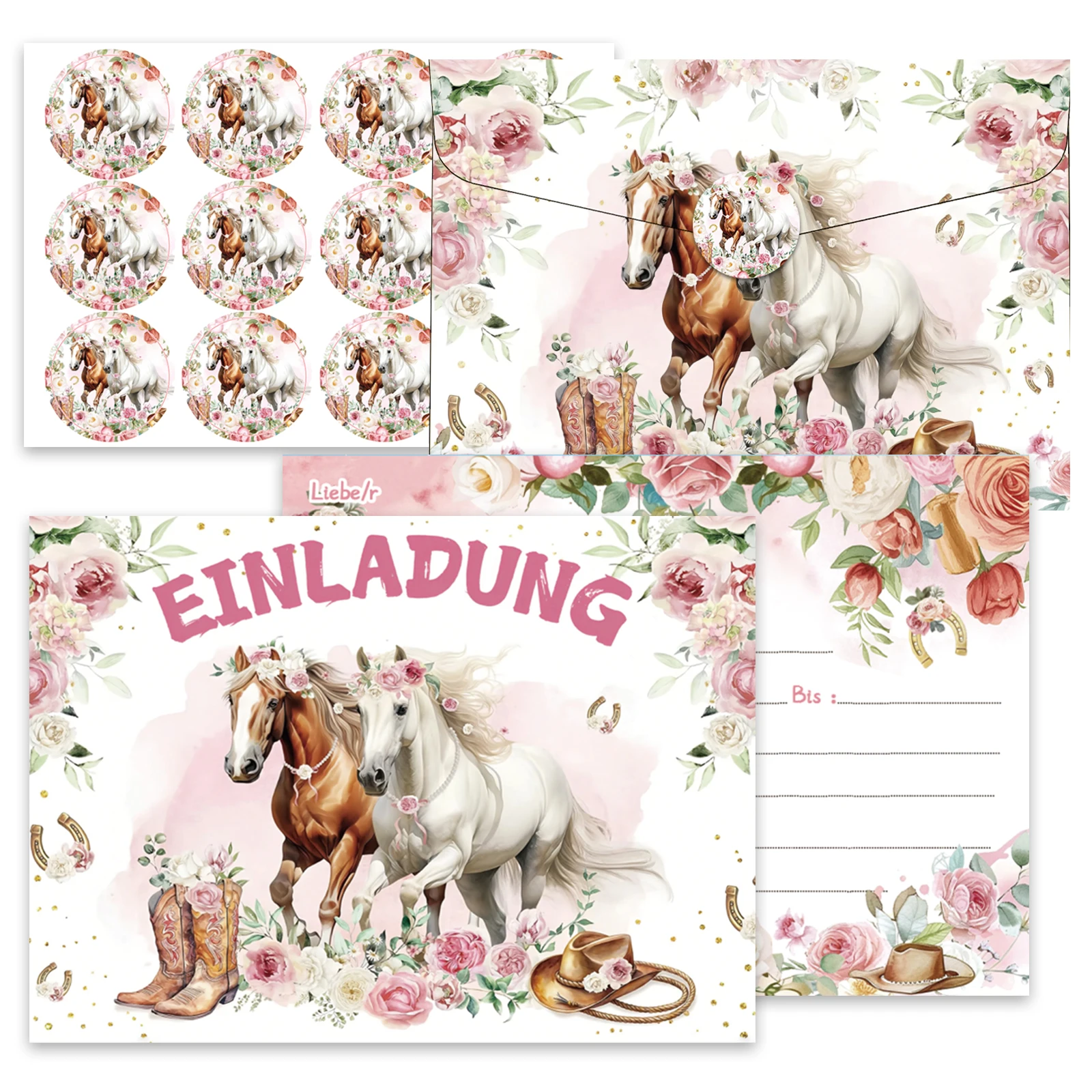 12er-Set Einladungskarten mit Pferdenmotiv, Umschlägen und Siegelaufklebern, Kindergeburtstagsparty-Einladungen, rosa Party