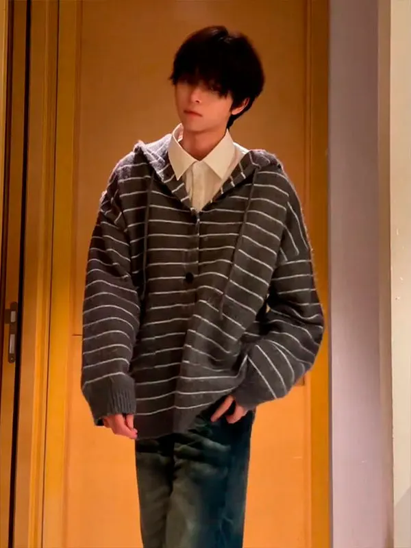 

Мужской вязаный кардиган в полоску с капюшоном в американском стиле, осенне-зимний, свободный, на молнии, в стиле Lazy Sle, с эффектом высококачественного пальто
