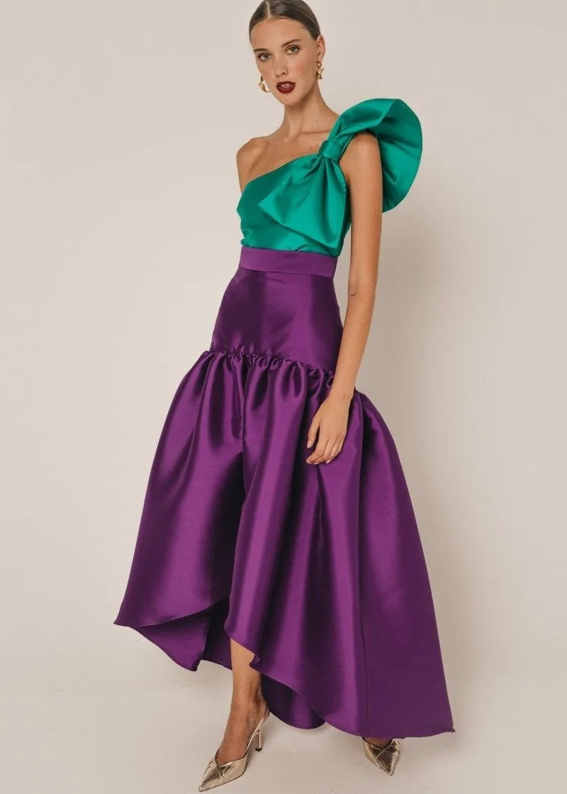 Newest Dark Purple High Low Satin Women Skirts With Bright Line Decoration Long Asymmetrical Maxi Skirt