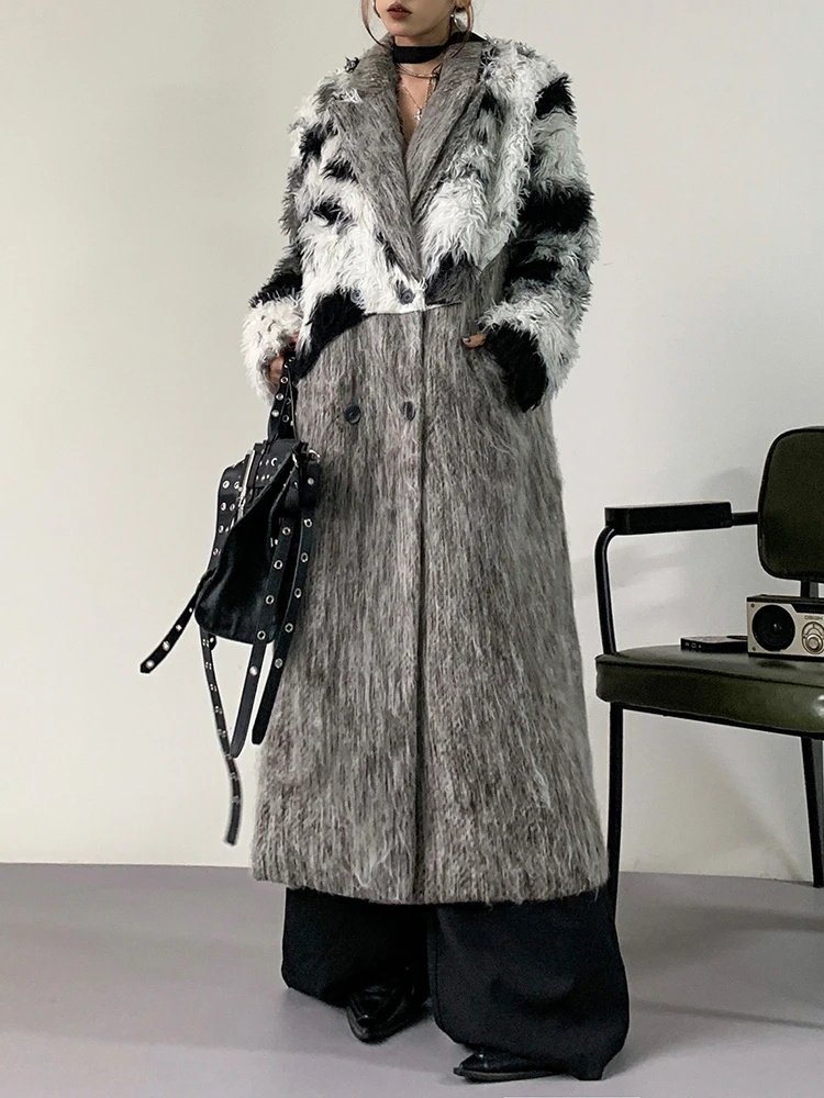 YERMORA Gray Splice Irregular Fake Fur Woolen Coat For Women Lapel Long Sleeve Overcoat Fashion Tide Autumn Winter New 2025
