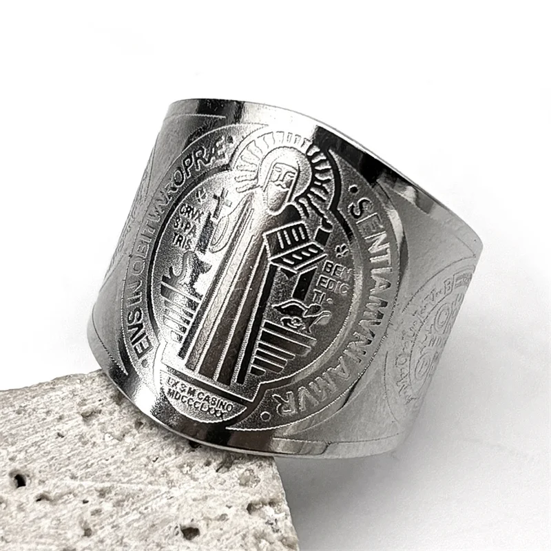 Katholischer Heiliger Benedikt-Medaillon, verstellbare Ringe für Damen und Herren, Edelstahl, offener Fingerring, Amulett-Schmuck, San Benito