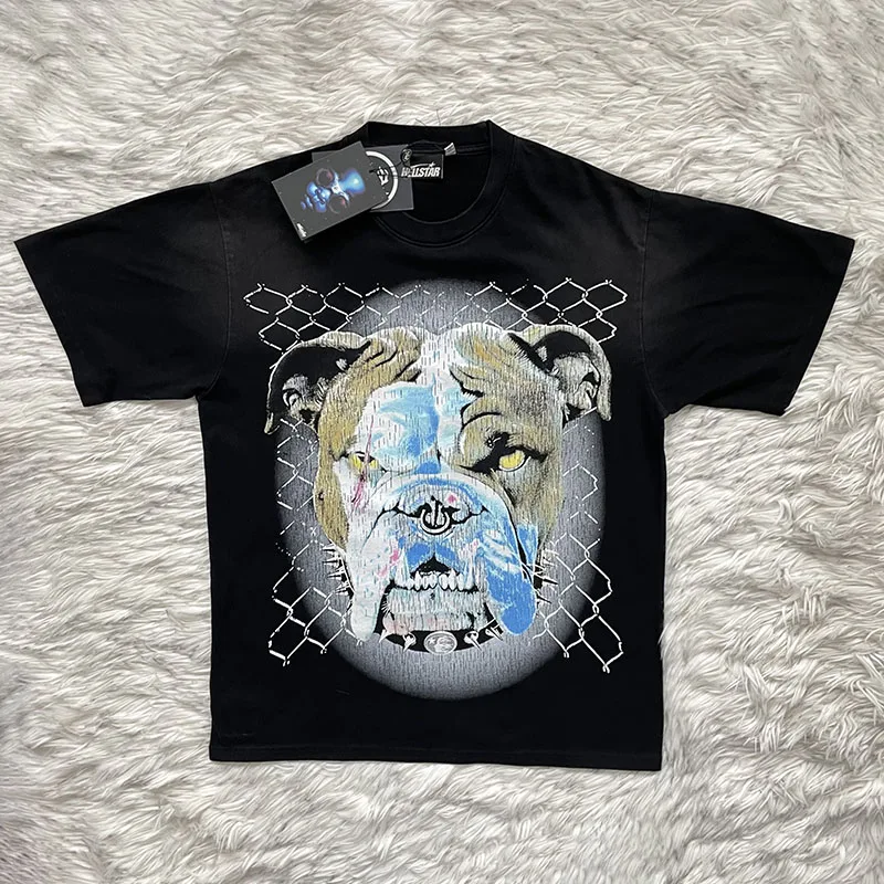Pure Cotton Short Sleeve T-Shirt Dog Head Washed Style Youthful Summer Fashion round Neck Tee for Men by HELLSTAR STUDIOS