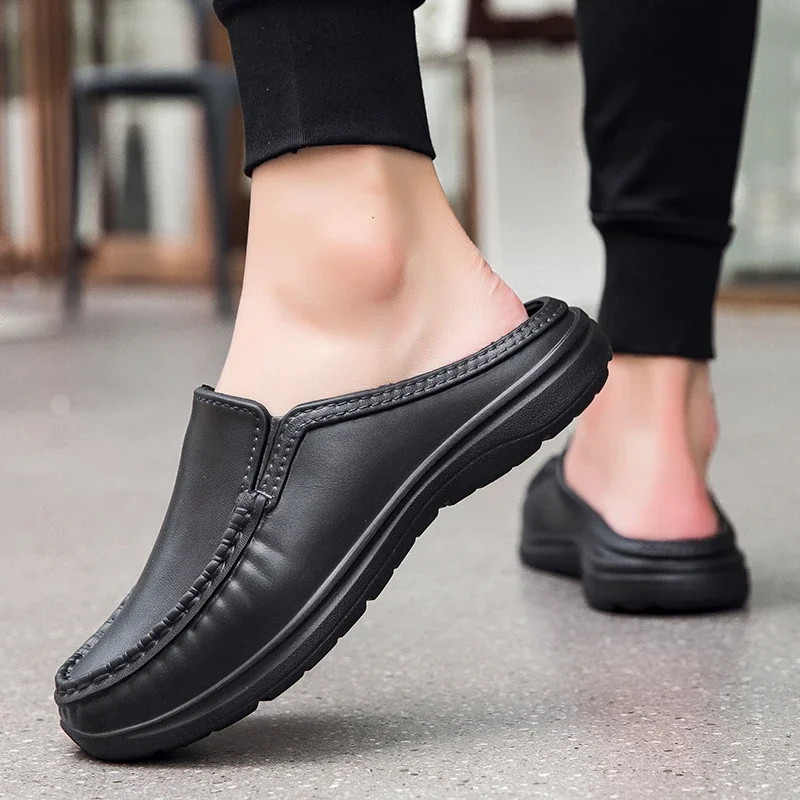

Half Slippers for Men Driving Shoes Non-slip Chef Shoe Men's Leather Shoes EVA Sadals Size 39-46 Zapatos Para Hombre for Male
