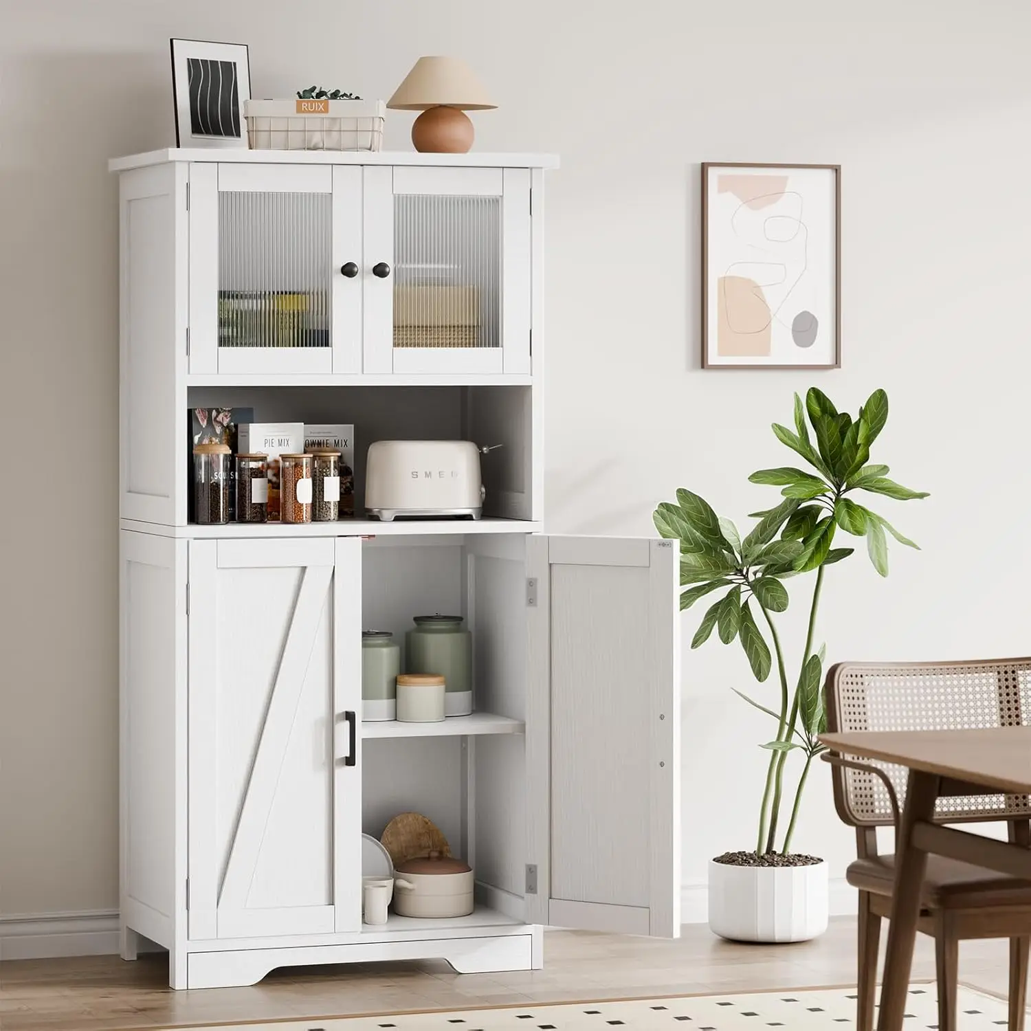 50 Inch Tall Freestanding Storage Cabinet with 4 Doors | Custom Adjustable Shelves,Modern Multi-Use Wooden Cupboard, Damp-Proof Bathroom Cabinet for Pantry, Kitchen, Living Room