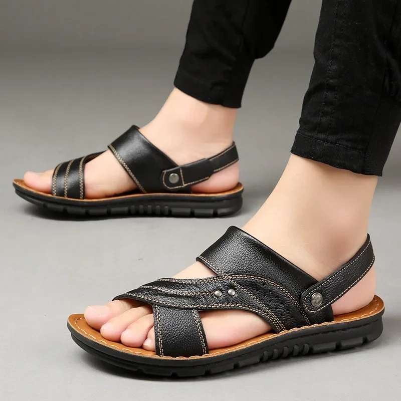 

Summer Men's Leather Slippers Outdoor Beach Sandals Slippers Fashion Breathable Casual Slippers Men's Shoes Plus Size 38-46