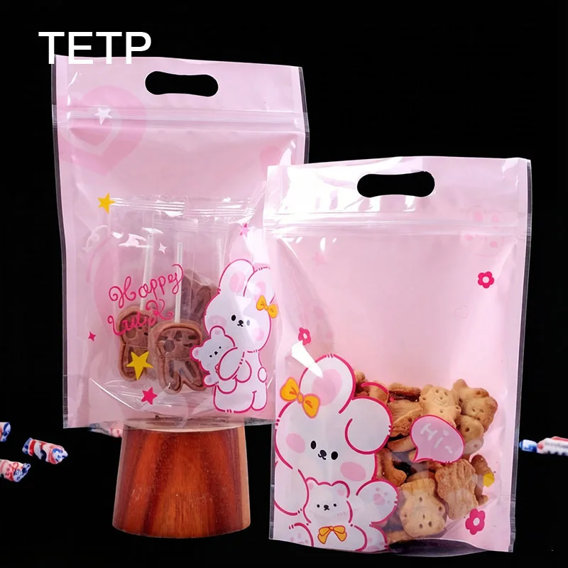 

TETP 50Pcs Pink Rabbit Shaped Sealed Storage Bags With Handle for Candy Baking Snowflake Crisp Toffee Handmade Snack Packaging