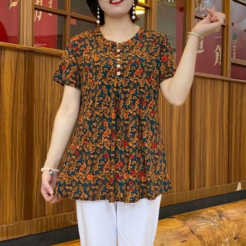 Fashion Vintage Temperament Women's Clothing Simplicity Casual Medium and Long Short Sleeve Round Neck Spliced Button Blouse