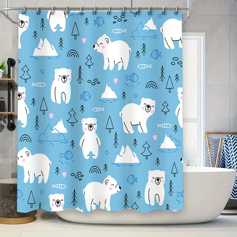 

Очаровательная занавеска для душа с рисунком белого медведя и айсберга для декора ванной комнаты, синяя водонепроницаемая ткань с крючками, размер 72x84 дюйма