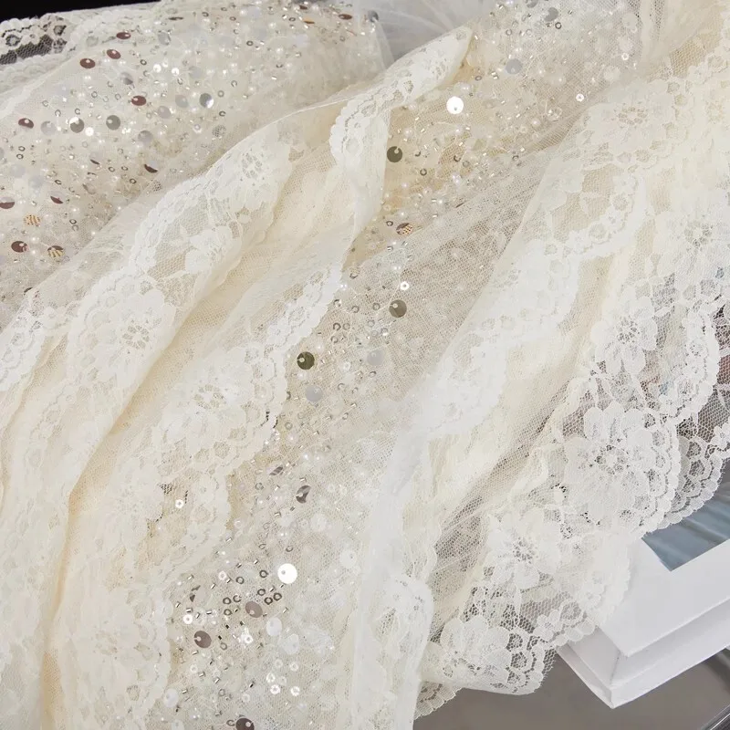 

1yards lace tela Sequin tube bead material Dress cheongsam clothing fabric semi transparent DIY designer fabric