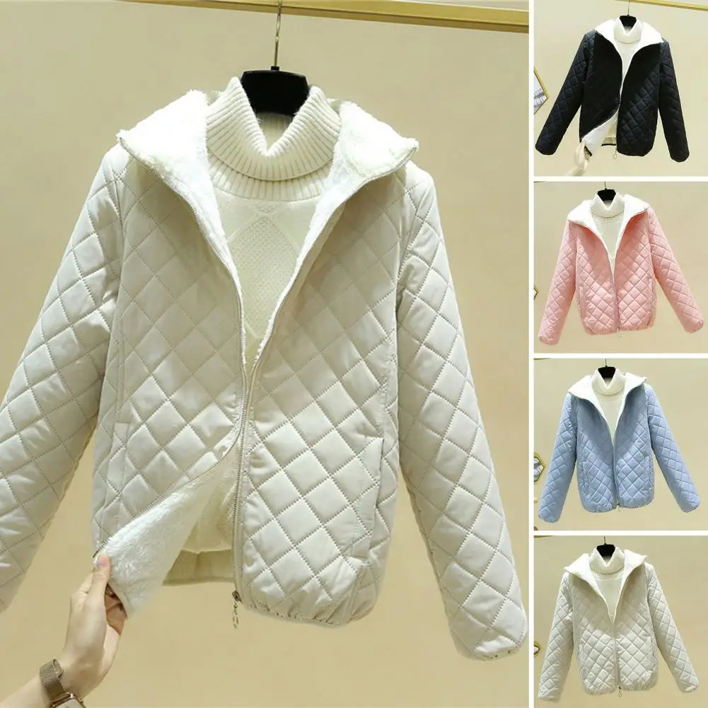 Warm Women Coat Thickened Padded Winter Coat with Stand Collar Zipper Closure Pockets Stylish Lady Jacket for Fall/winter Women