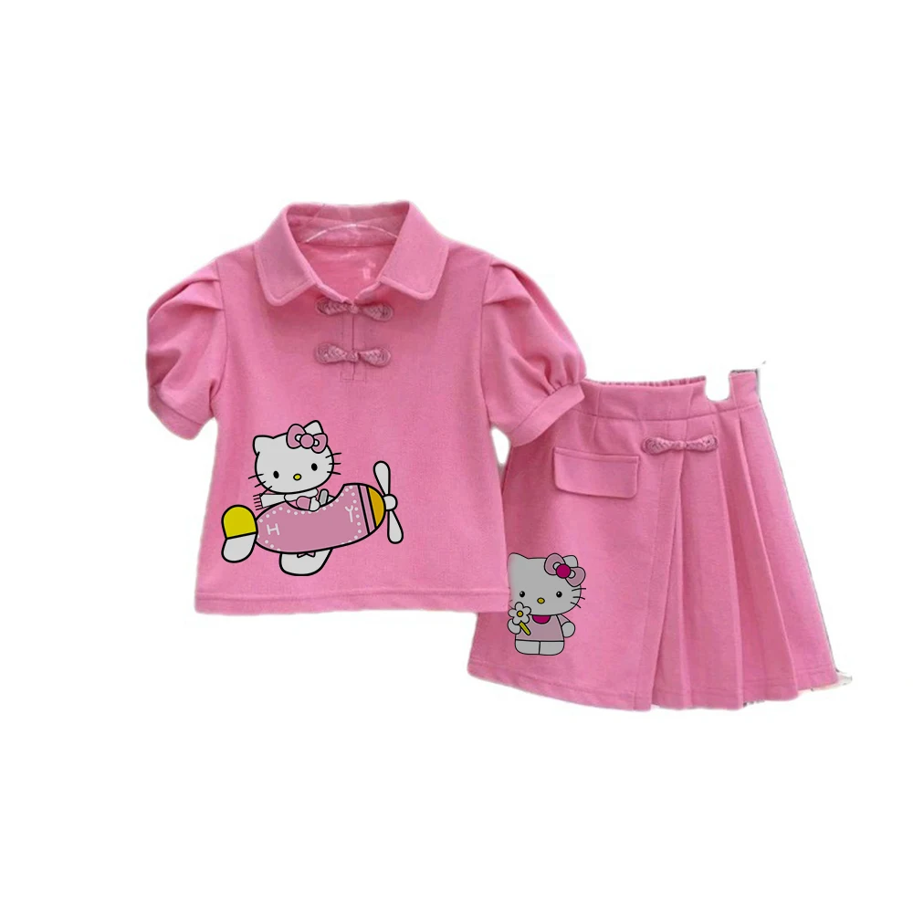 2Pcs Anime Sanrioed Girl\'s Short Sleeved Hello Kitty Kuromi Kawaii Fashion Cartoon Kids Short-Sleeve T-Shirt Pleated Skirt Set