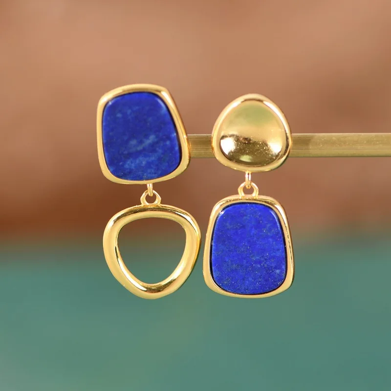 

Gilded 925 Silver Asymmetrical Triangle Square Earrings for Women Natural Blue Lapis Studs Earrings Gold Plated Hollow Brincos