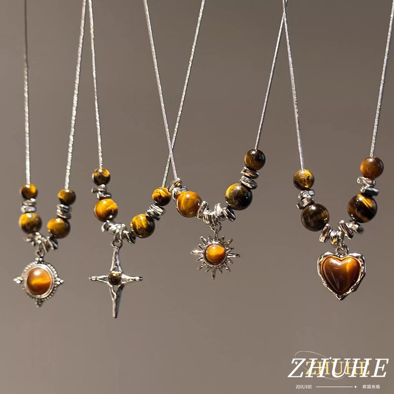 

Bohemian Tiger Eye Beaded Pendant Necklace Jewelry Accessories For Women Men, Copper Material Vintage Star Sun Heart Charm Choke