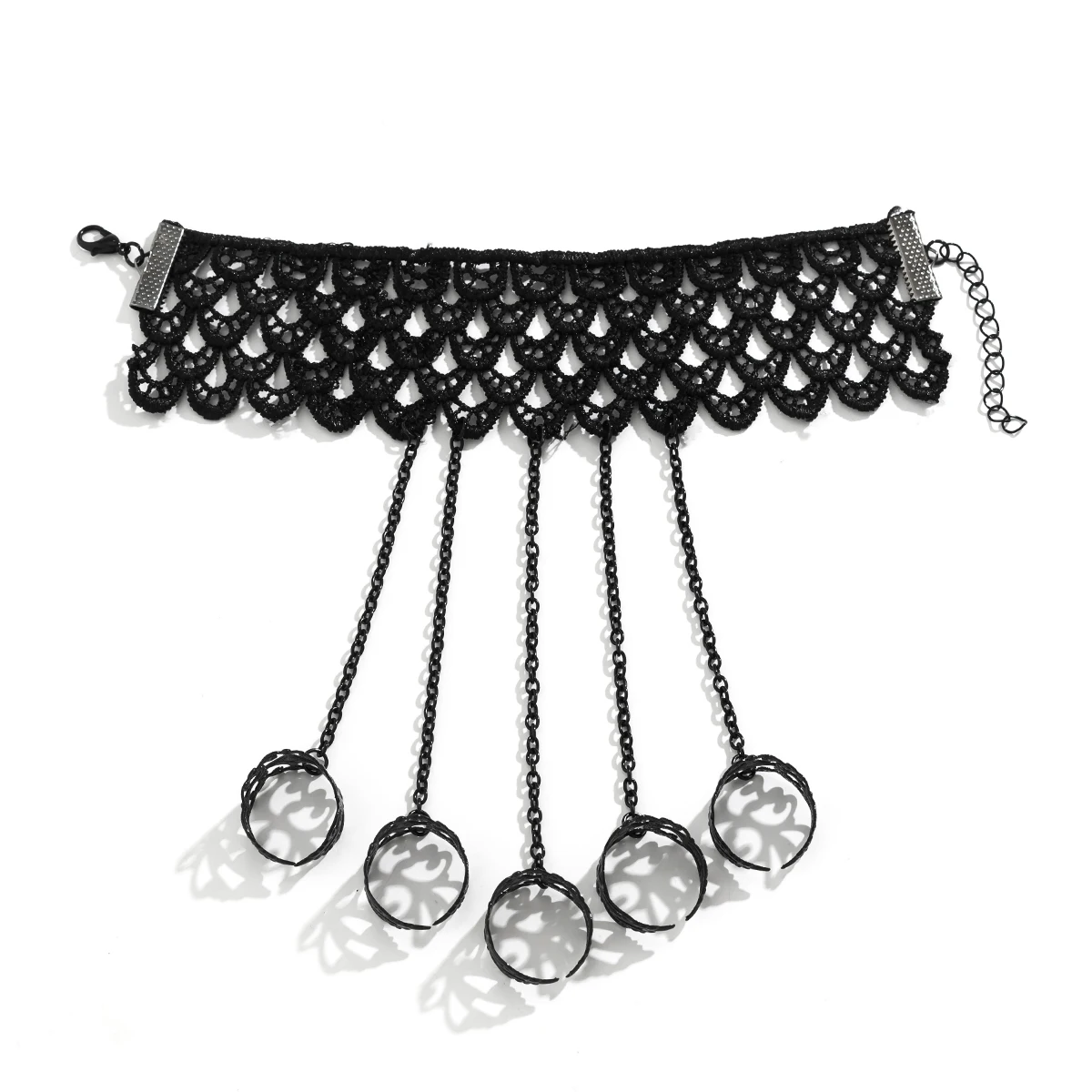 Creative Vintage Black Lace Finger Wrist Chain Rings Bracelets for Women Metal Connecting Hand Harness Bangles Halloween Jewelry