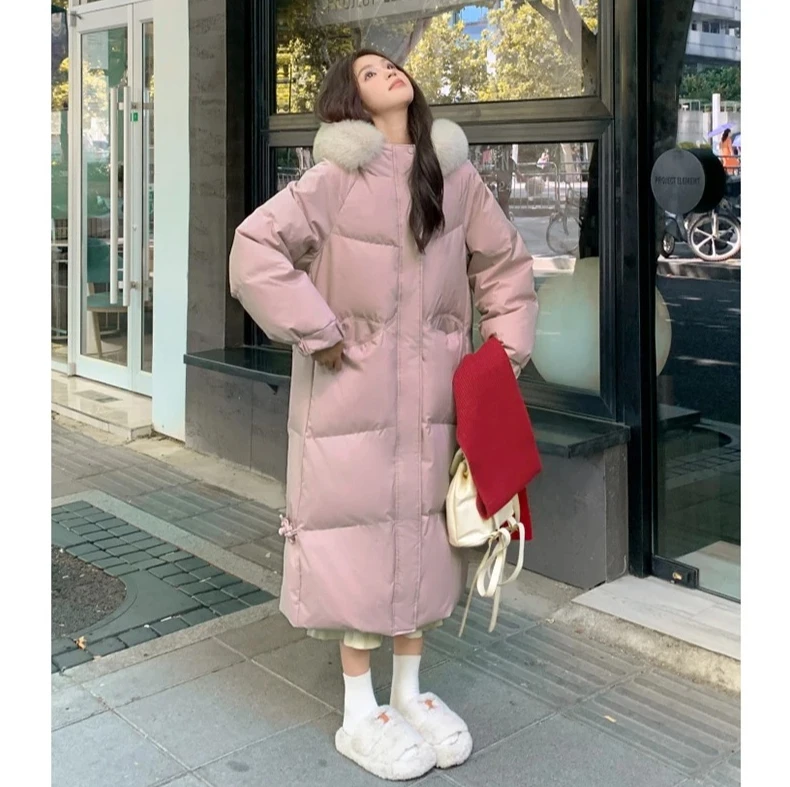 

Women's Pink Long Over-the-Knee Padded Jacket, Winter Thickened Cotton Parka with Fur Collar, Warm Hooded Coat for Women