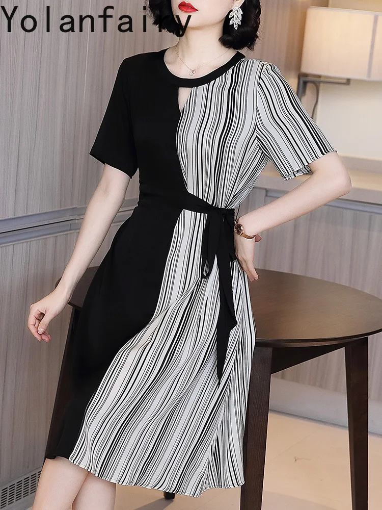 YOLANFAIRY 95% Mulberry Silk Dress for Woman Summer Patchwork Striped Dress Women's Clothing Lace-up Korean Fashion Dresses