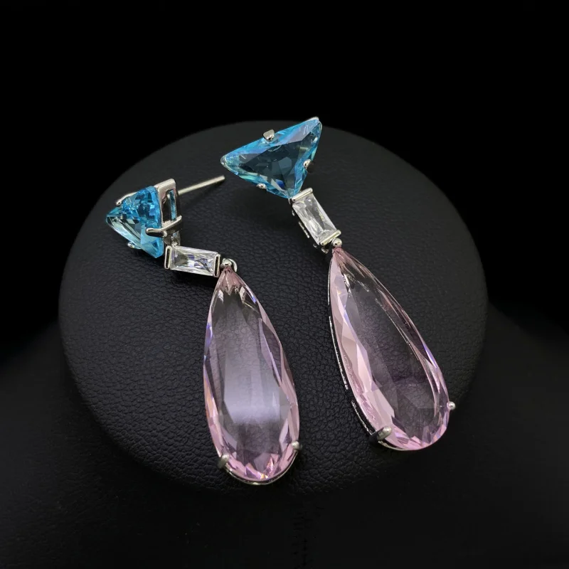 Blue Pink Cubic Zirconia Drop Earrings Triangle Teardrop Crystal Dangle Earrings for Women