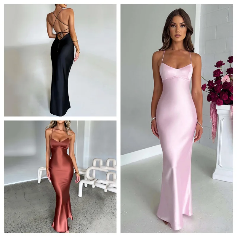 女性のセクシーなバックレスマーメイドドレス – サテンレースアップボディコンドレス、恋人ネックエレガントパーティースリップドレス、シルクイブニングウェア