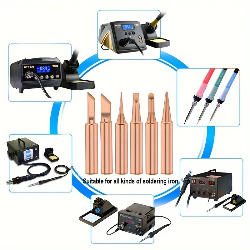 1pack Copper 35433.07inch-T Soldering Iron Tip Set Electric Soldering Iron Lead-free Welding Tips Head BGA Soldering Tools