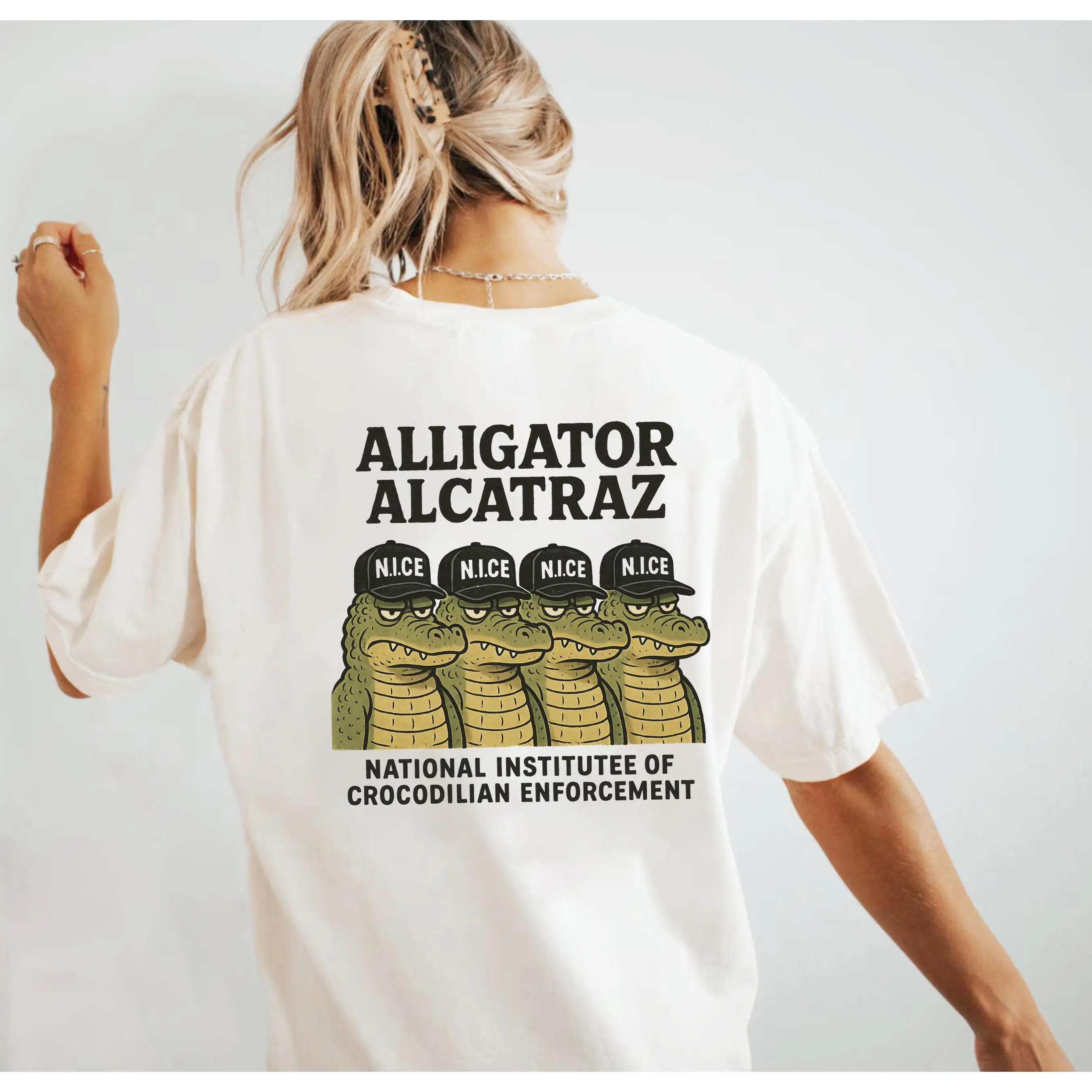 

"Alligator Alcatraz T-Shirt for Women | Funny Cartoon Croc Graphic Tee | Vintage Washed Streetwear | Animal Lover Gift"