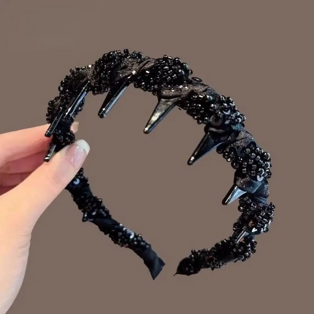 

Toothed Wave Headband with Beaded Fluffy Korean Style High Cranial Top Headband Headwear Vintage Non-slip Hair Hoop Makeup