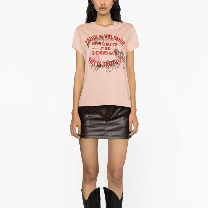 

Spring Summer New Women's Crew Ne ort Sve T-irt Street Sle Cotton 00% Letter Print Pink Overhead Top