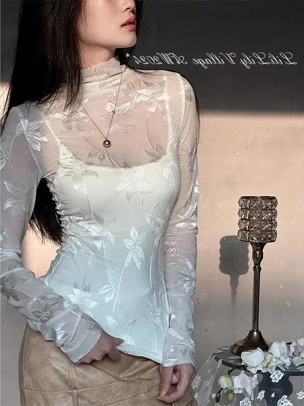 Fairy Lily Flower f-Camiseta larga de cuello alto para mujer, ropa interior de encaje, Top ajustado, versión coreana