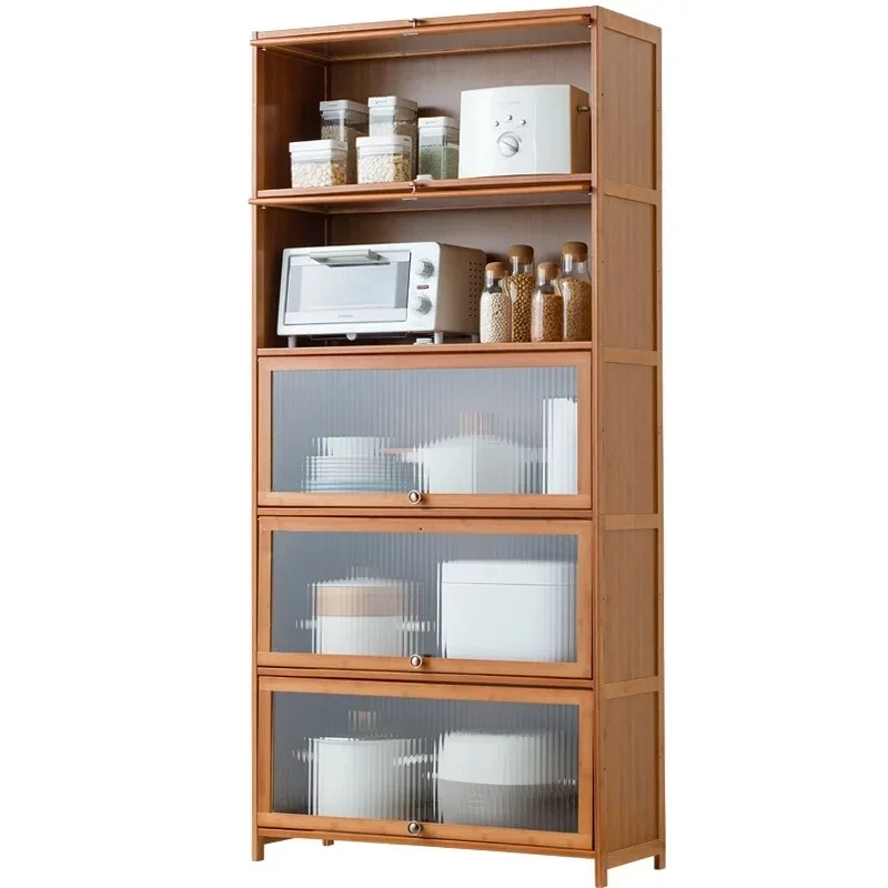 

Кухонный многоярусный стеллаж от пола до потолка с дверцами, шкаф для хранения посуды, тумба для микроволновки, из массива дерева