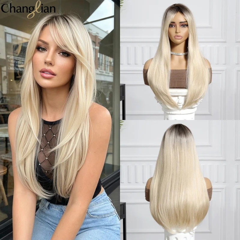 

Синтетический парик из искусственного волокна с длинными прямыми волосами, волнистым челкой, градиентным золотистым оттенком, полное покрытие головы, европейский и американский стиль, устойчивый к высоким температурам.