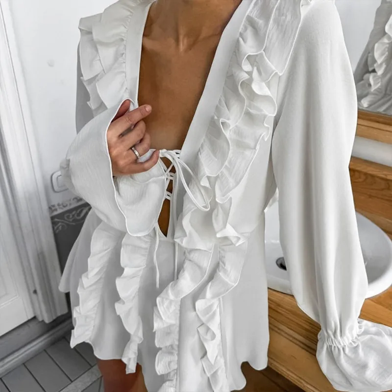 

2025 Spring New Women's Long Sleeved Ruffle Edge Nightdress Lace Up Cardigan Comfortable Loungewear Nightgowns S M L Size