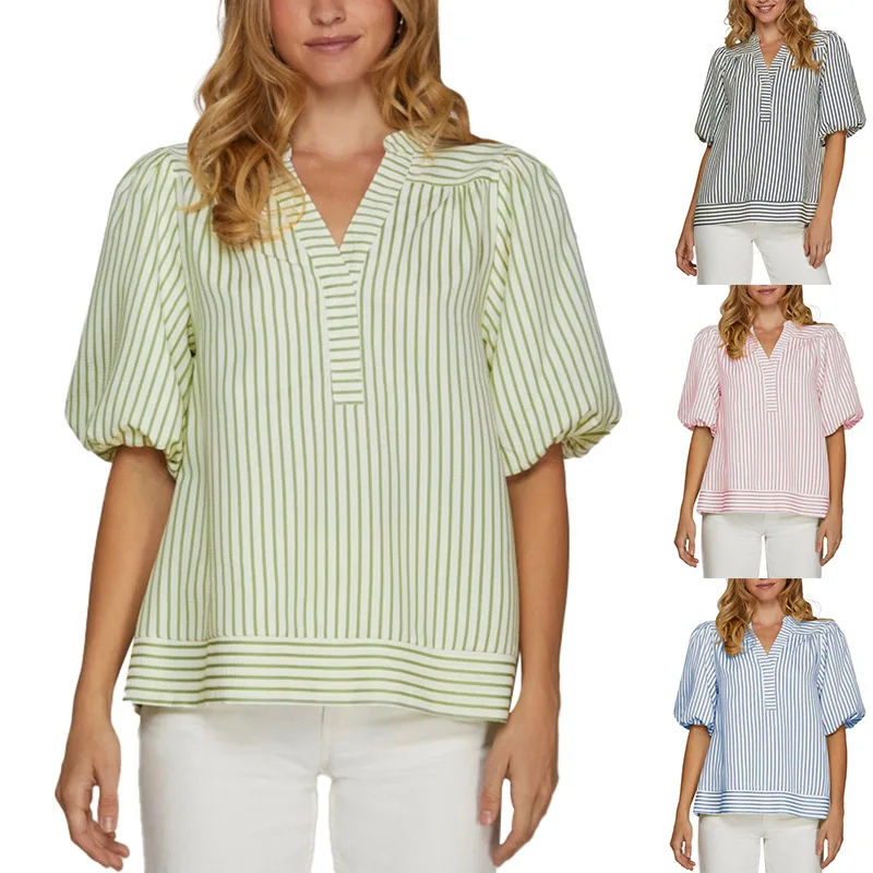 

New V-neck Short-sleeved Striped Shirt Women Spring Summer Versatile Leisure Loose Beach Resort Style Versatile Women Top