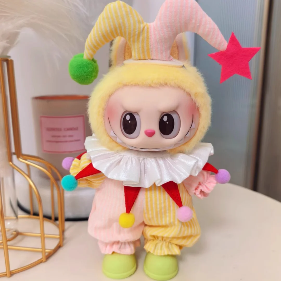 

Labubu 17cm Standing Doll Clothes Circus Clown Style Baby Clothes Handmade Mokoko Doll Accessories Ornaments Headdress+Clothes