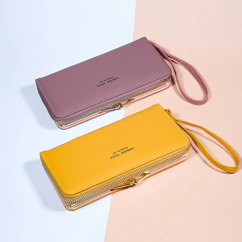 Cartera de doble capa para mujer, bolso con asa de Clip y cremallera larga, minimalista, de gran capacidad, para dinero y teléfono, cuero de PU de alto grado