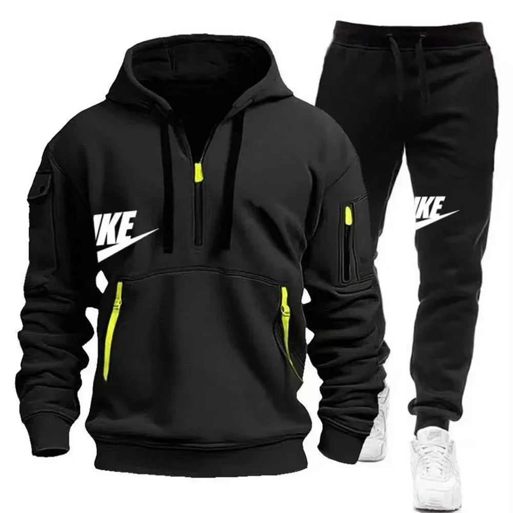 Autumn and Winter New Men's Casual and Fashionable Zippered Multi-pocket Hooded Pullovers + Outdoor Jogging Sport Pants Set