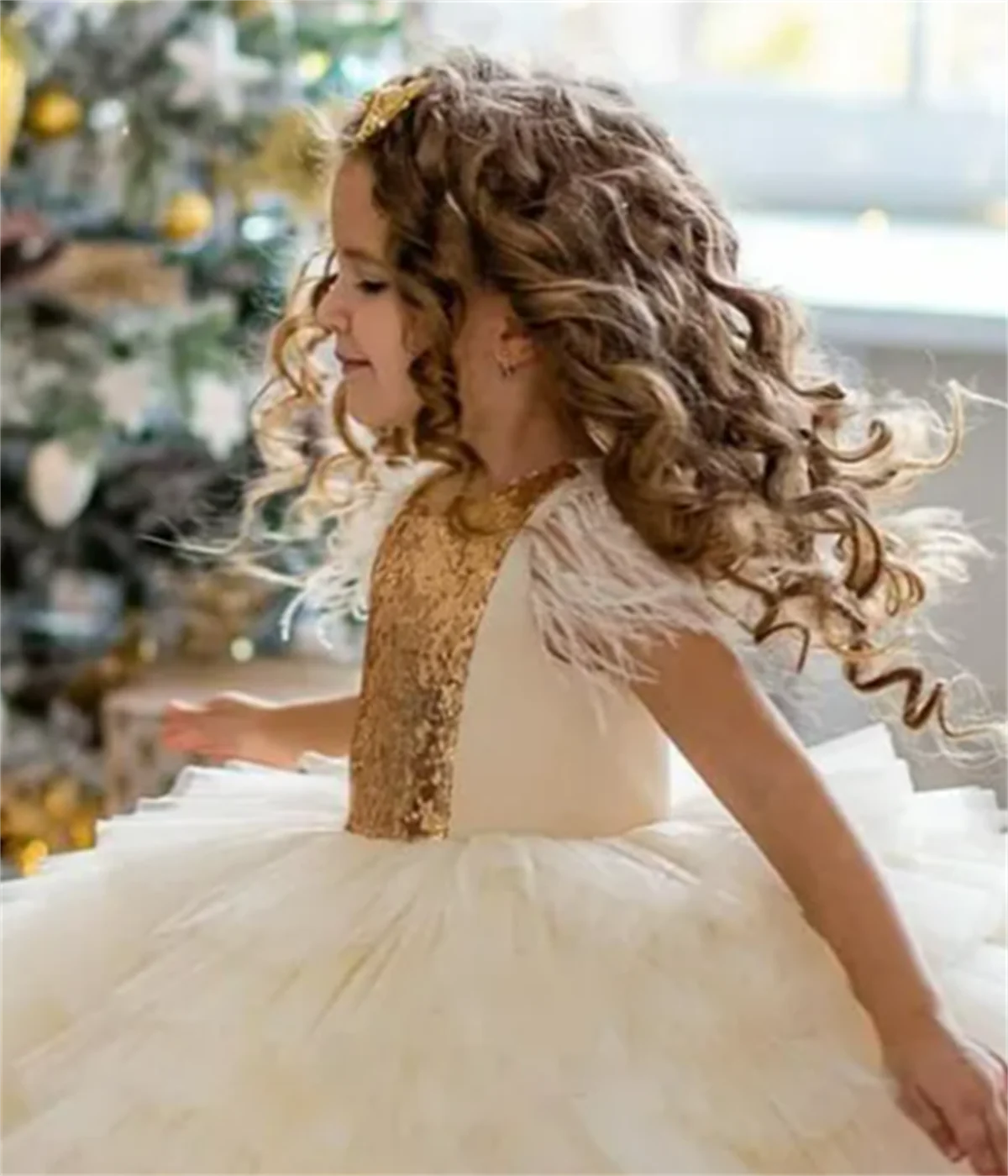 Vestido de flores para niña, ropa de tul en capas, color blanco, lentejuelas doradas, bonito vestido de flores para fiesta de cumpleaños, regalo para niña