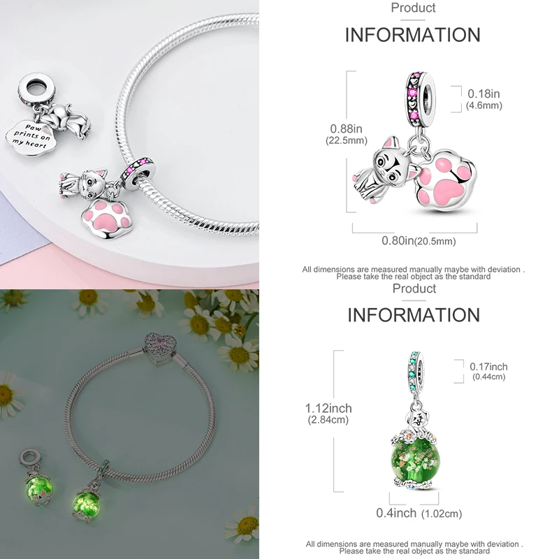 925 Sterling Silber Hund Katze Pfotenabdruck Charm Perlen Glücksbringer Katze Haustierliebhaber Herz DIY Armband Halskette Geschenk für Frauen Mädchen – Detail 14