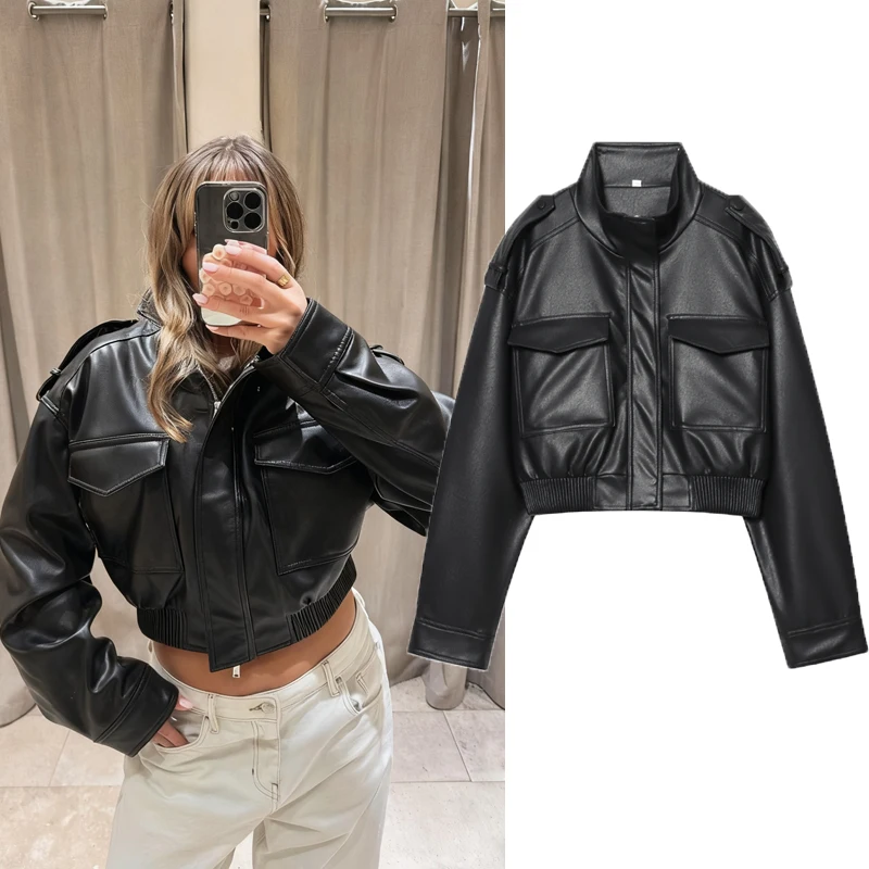 

Women's Faux Leather Jacket Black Women's Demi-Season Jacket Outerwears New In Coat Windbreaker Streetwear Motorcyclist Jacket